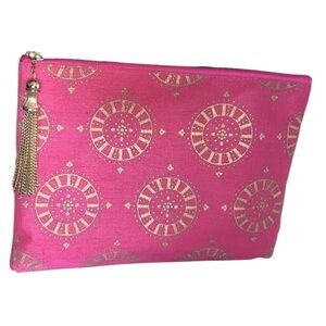 MUD PIE pink canvas clutch, gold block print pattern, zippered with metal tassel